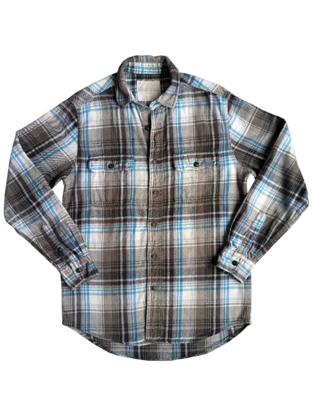 Aeropostale Men's Long Sleeve Plaid Flannel Shirt Gray & Teal Blue | S